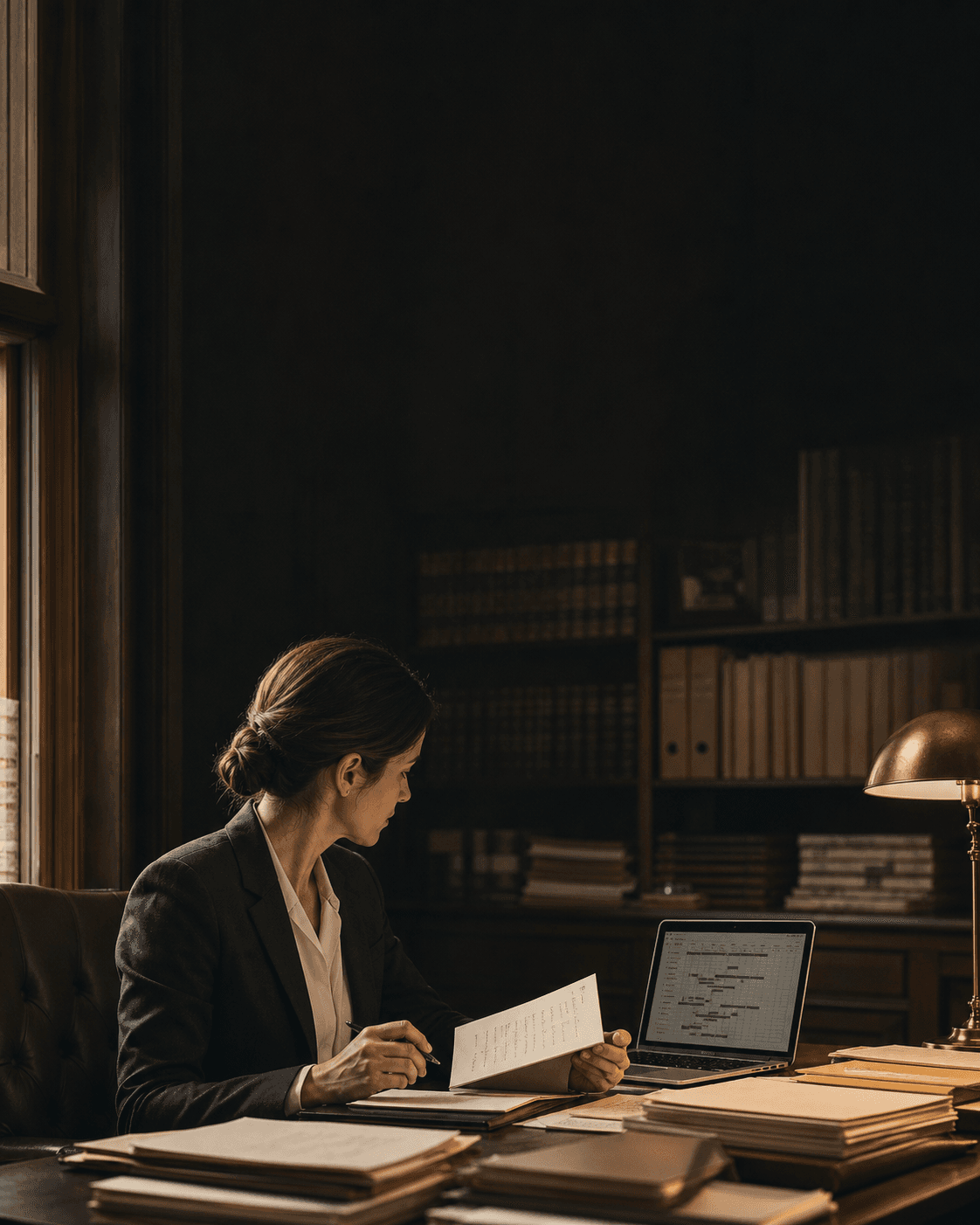 A lawyer reviewing matter notes and time records in a quiet office