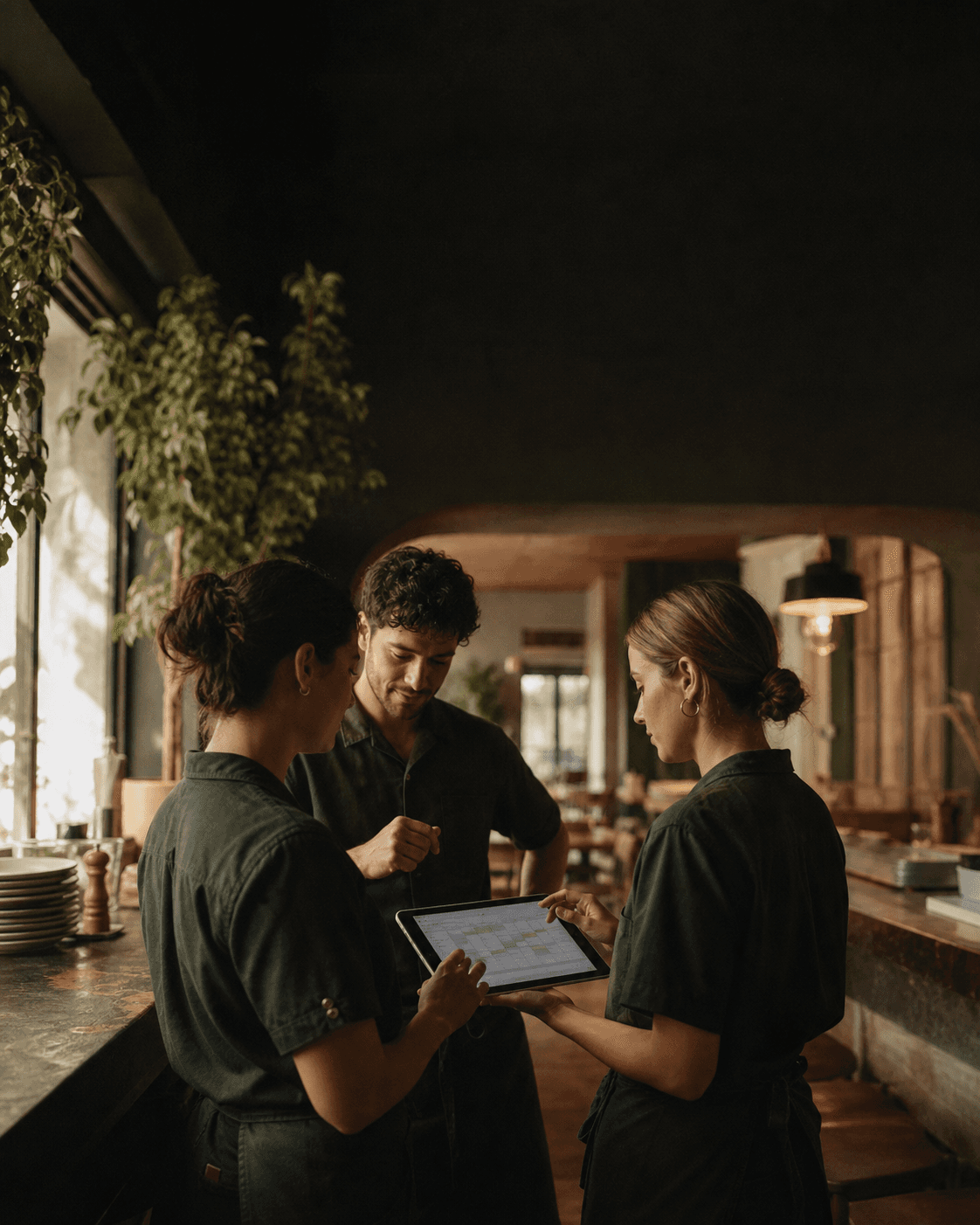 A restaurant team reviewing a shift change together on a tablet