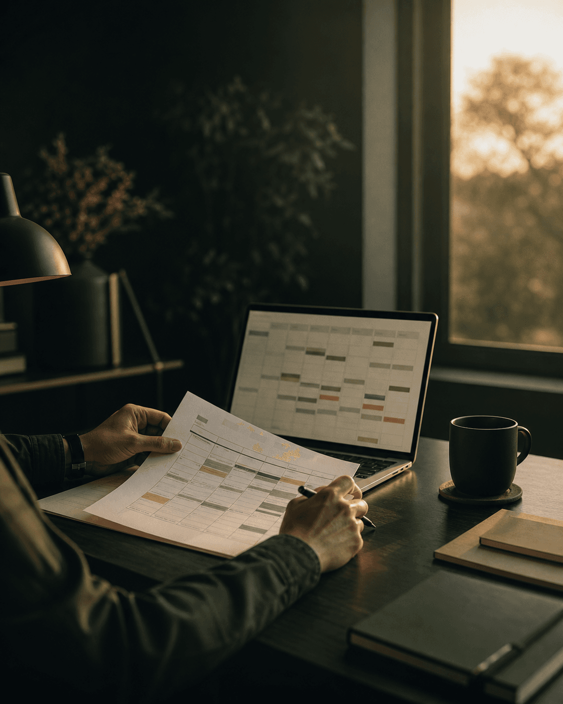 An operations manager reviewing a weekly timesheet in warm afternoon light