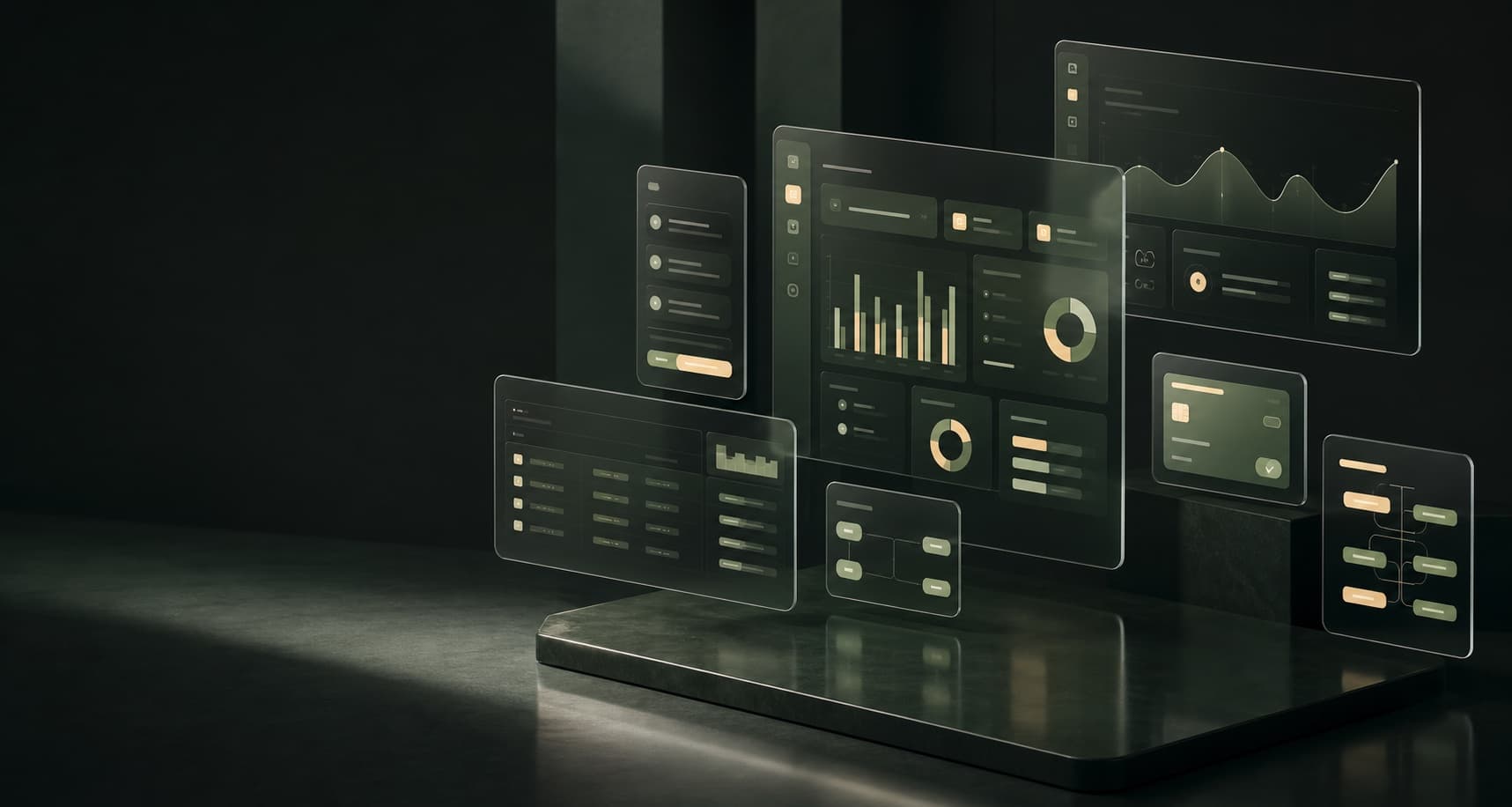 Connected custom software dashboards arranged in a modular system