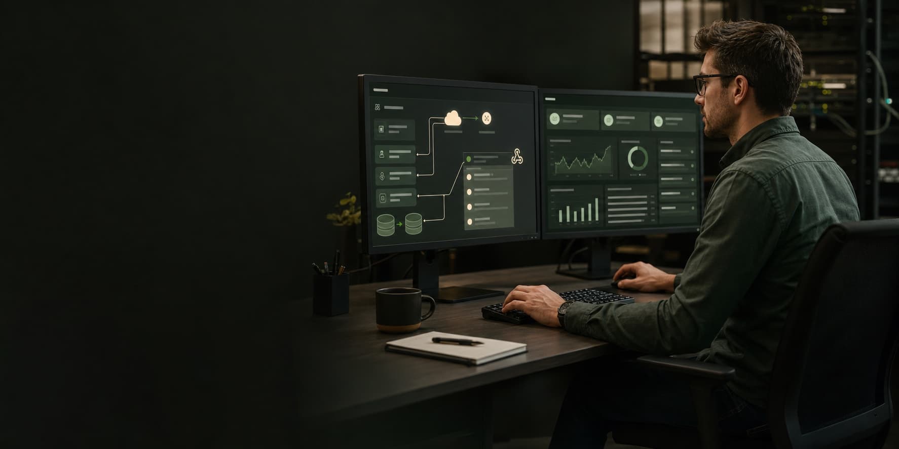 An engineer connecting APIs, data flows, and dashboards