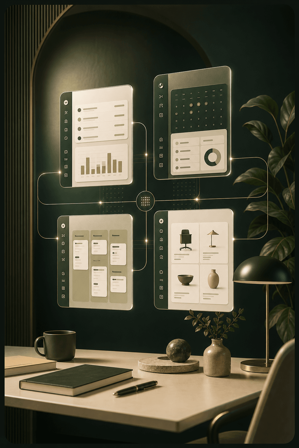Four modular Eclipse software templates connected in a polished operations workspace